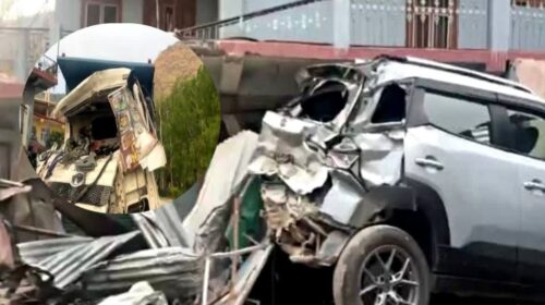 तेज रफ्तार डंपर का कहर, भवन और गाड़ी को मारी टक्कर, चालक की मौके पर मौत