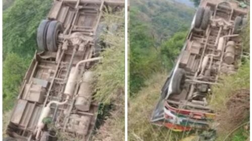 हिमाचल में HRTC बस हादसे का शिकार, सड़क से पलटकर किनारे के निचली तरफ फंसी, चालक समेत 3 घायल